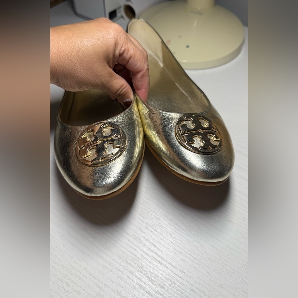 Tory Burch Metallic Gold Flats with gold logo - Picture 3 of 7